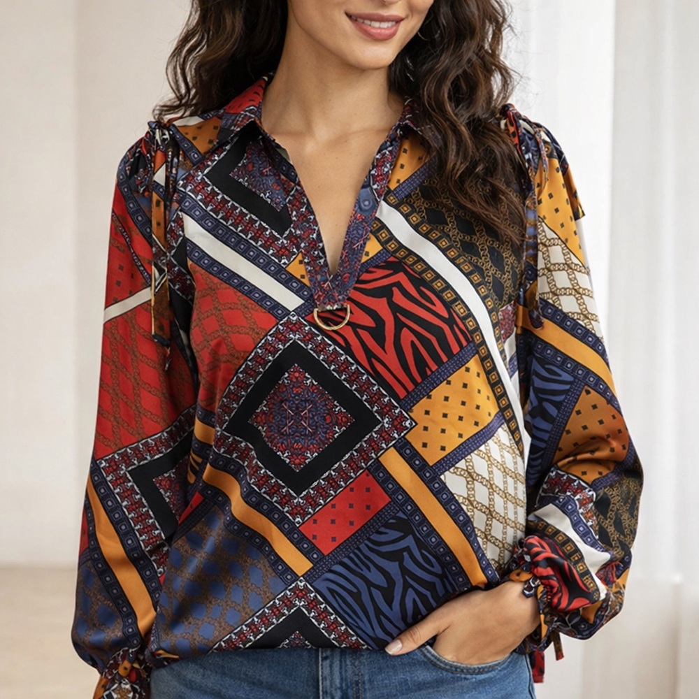 Marc New York Patchwork Geometric & Animal Print Blouse Size M